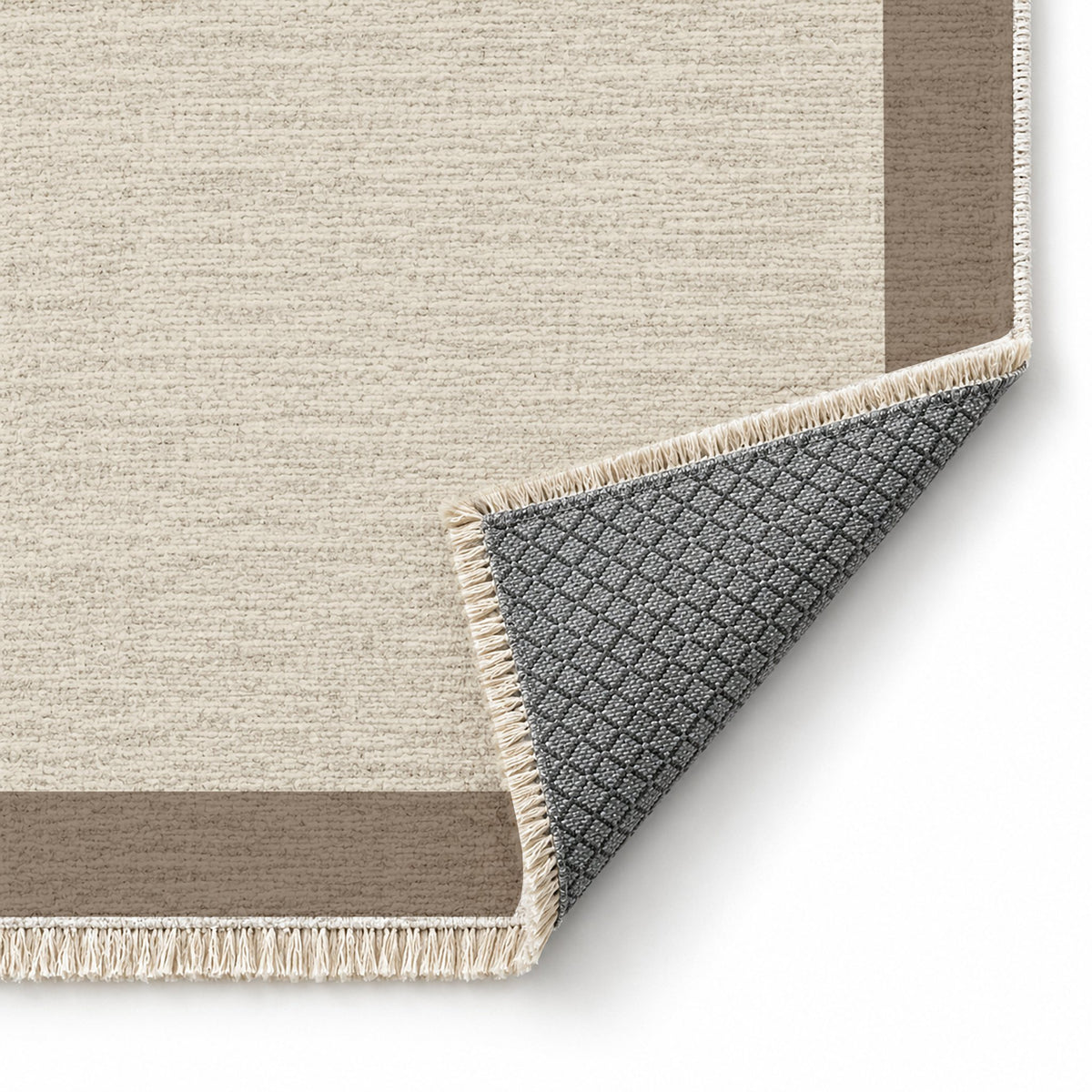 Broad Gallery Ivory & Taupe washable rug folded corner showing the backing