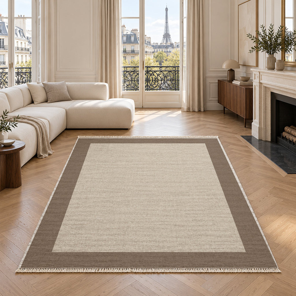 Broad Gallery Ivory & Taupe washable rug in a living room with an Eiffel Tower view