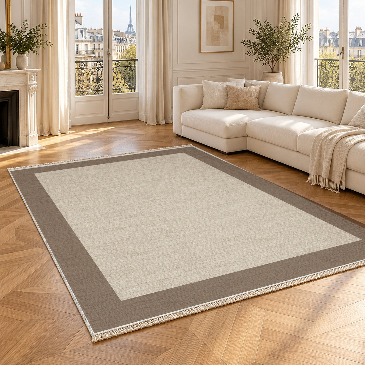 Broad Gallery Ivory & Taupe washable rug angled room view
