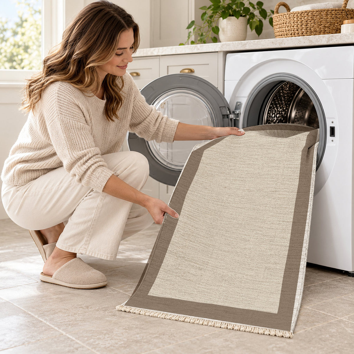 Broad Gallery Ivory & Taupe washable rug being loaded into a washing machine