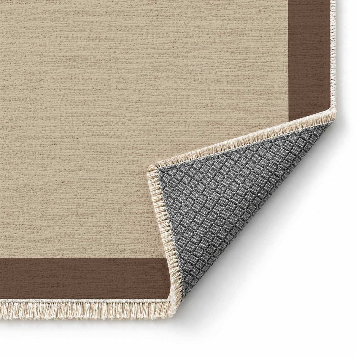 Broad Gallery Oat & Cocoa washable rug folded corner showing the backing