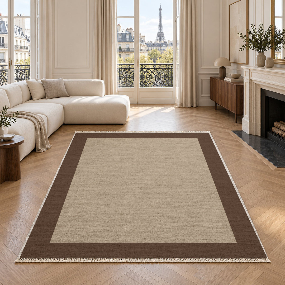 Broad Gallery Oat & Cocoa washable rug in a living room with an Eiffel Tower view
