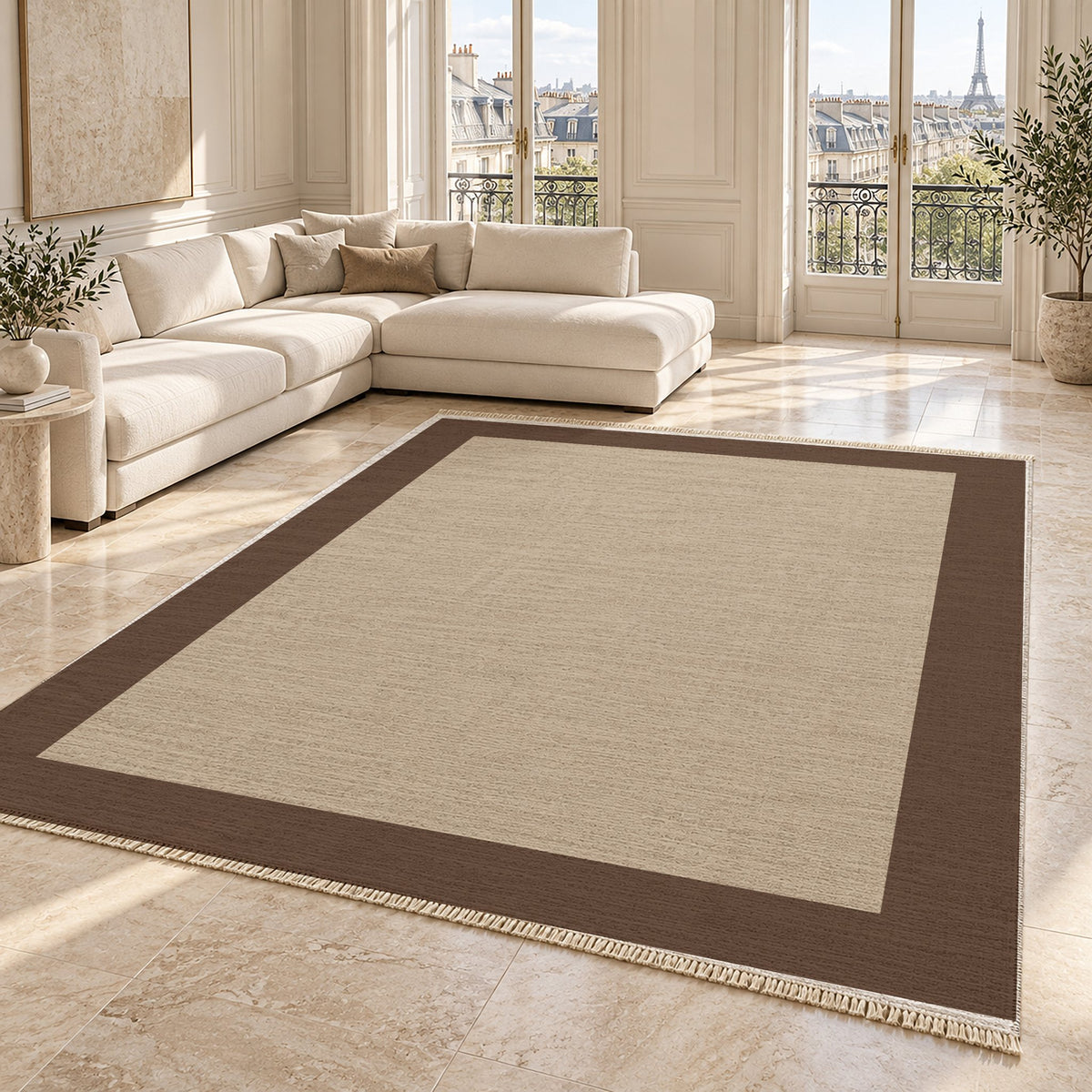 Broad Gallery Oat & Cocoa washable rug angled room view on marble