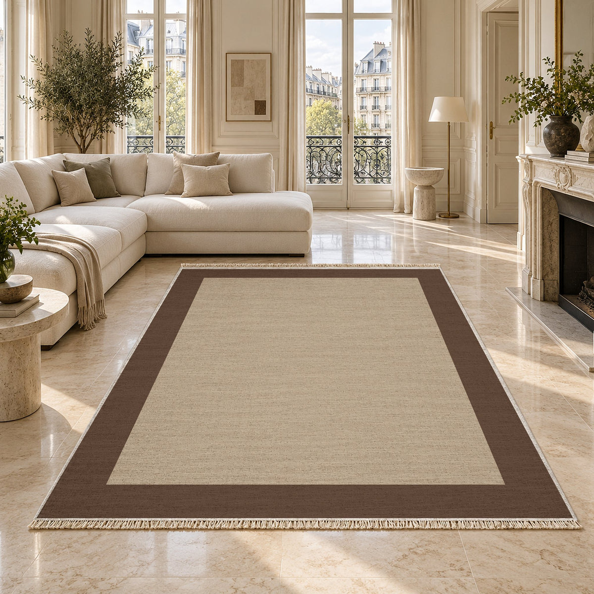 Broad Gallery Oat & Cocoa washable rug on a marble floor