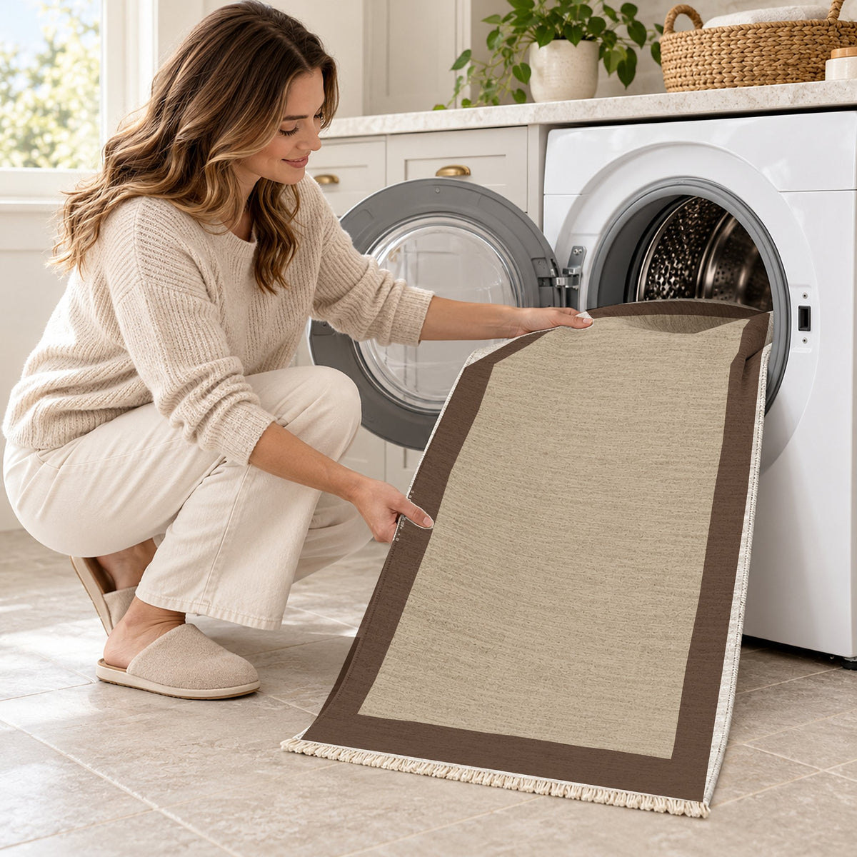Broad Gallery Oat & Cocoa washable rug being loaded into a washing machine