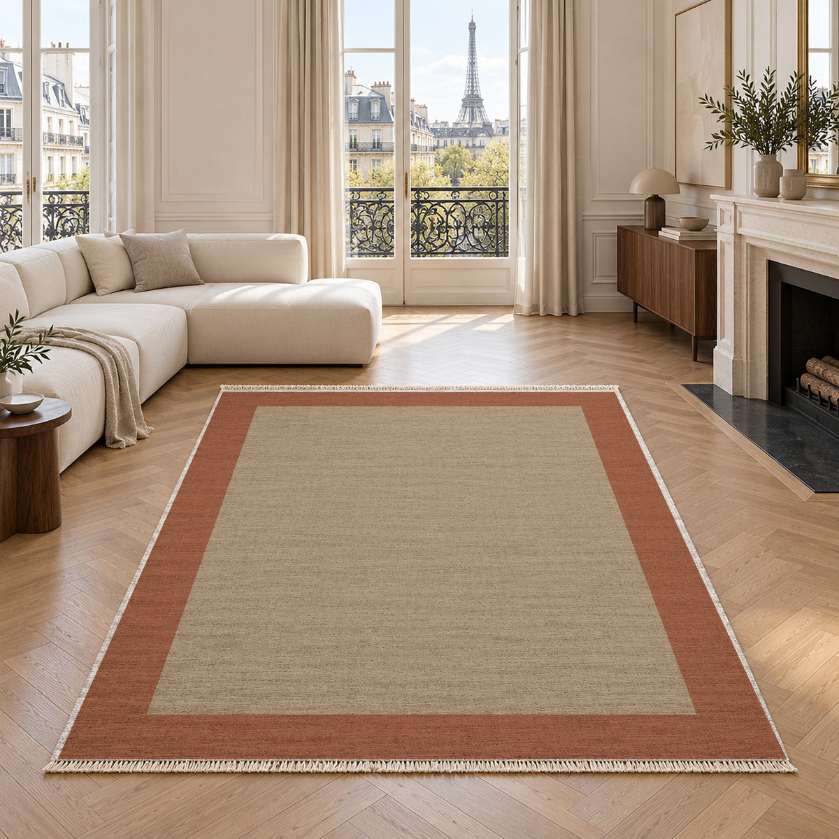Broad Gallery Sand & Terracotta washable rug in a living room with an Eiffel Tower view