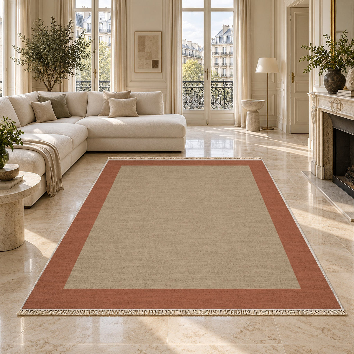 Broad Gallery Sand & Terracotta washable rug on a marble floor