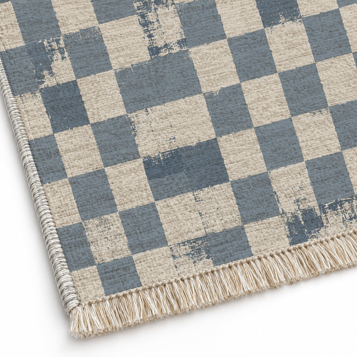 Broken Checker Ivory & Dusty Blue washable rug close-up of the printed chenille