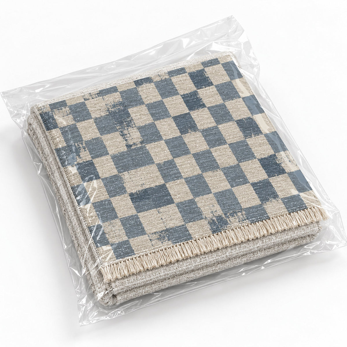 Broken Checker Ivory & Dusty Blue washable rug rolled and packaged