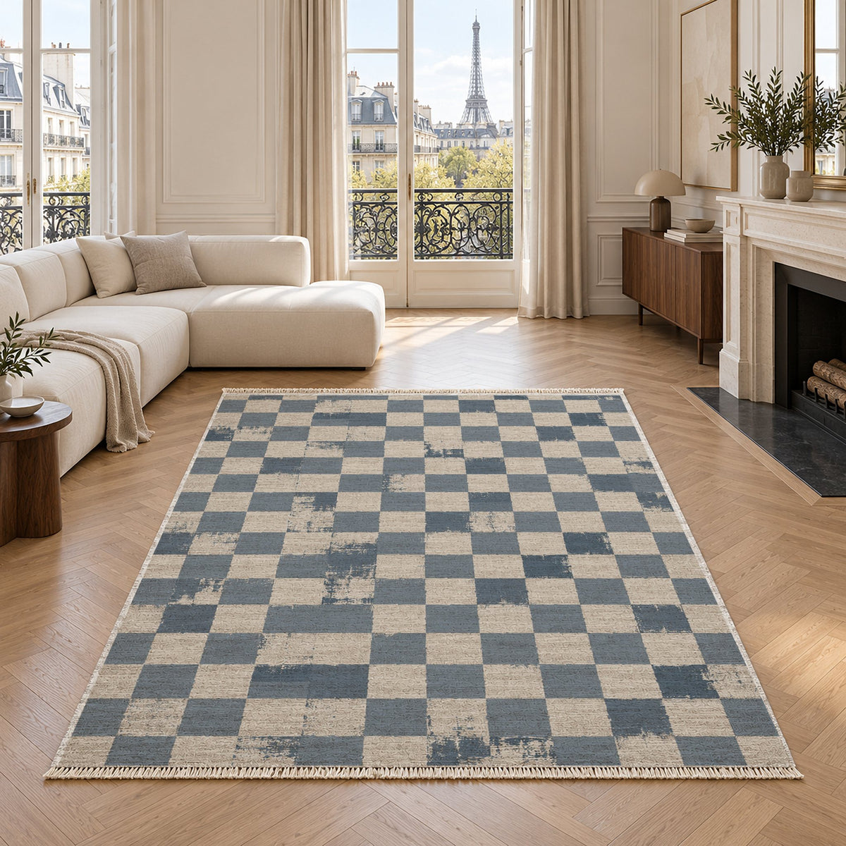Broken Checker Ivory & Dusty Blue washable rug in a living room with an Eiffel Tower view