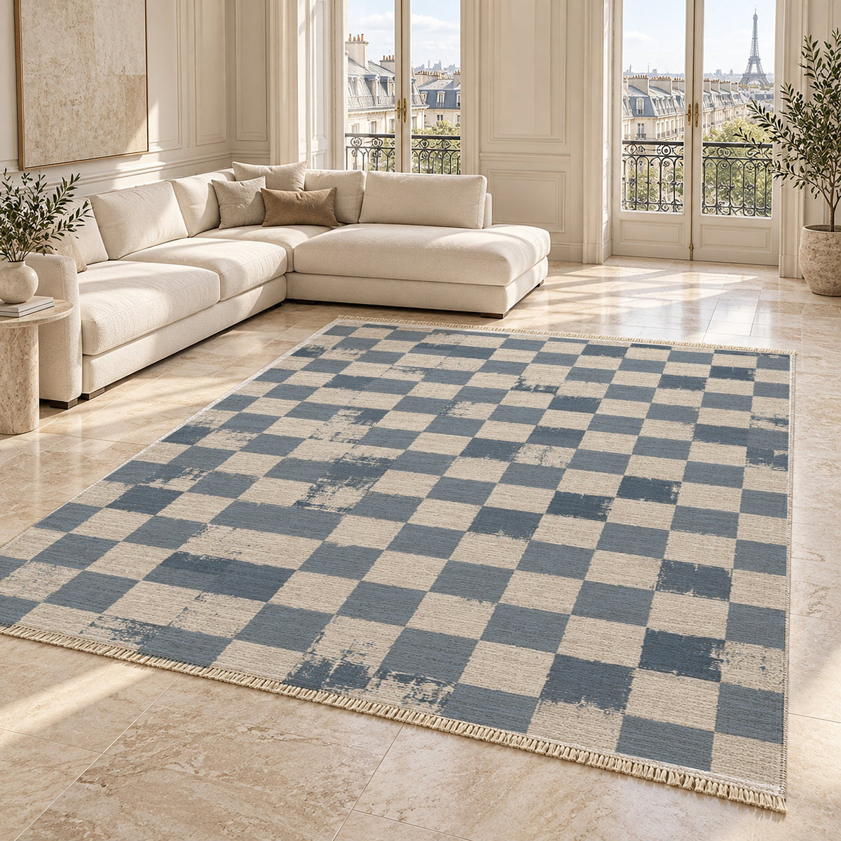 Broken Checker Ivory & Dusty Blue washable rug angled room view on marble
