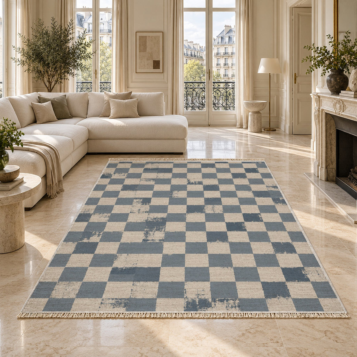 Broken Checker Ivory & Dusty Blue washable rug on a marble floor