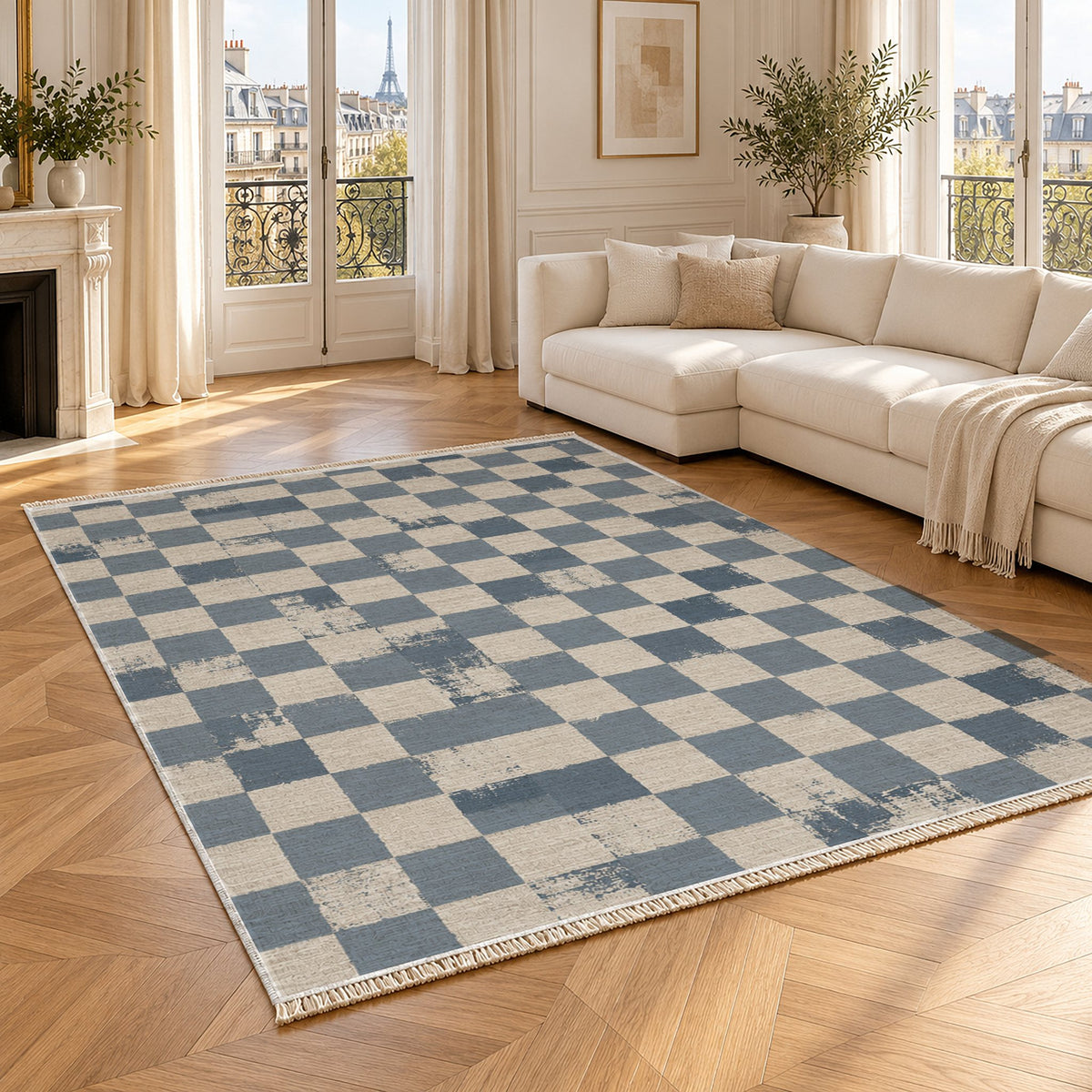 Broken Checker Ivory & Dusty Blue washable rug angled room view