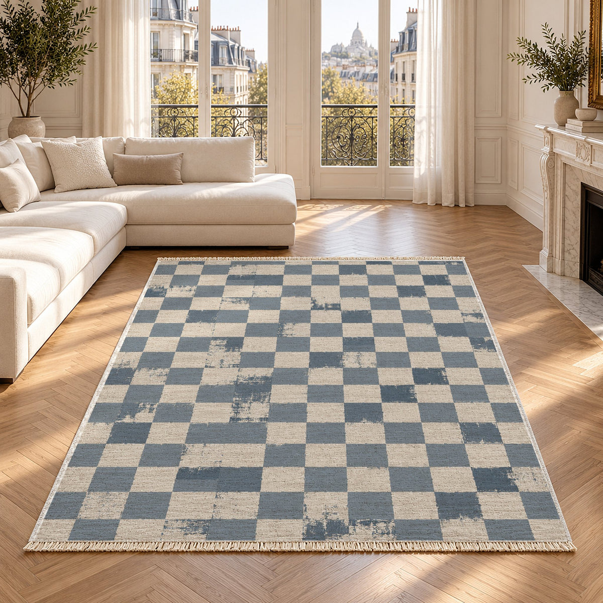 Broken Checker Ivory & Dusty Blue washable rug in a Paris living room