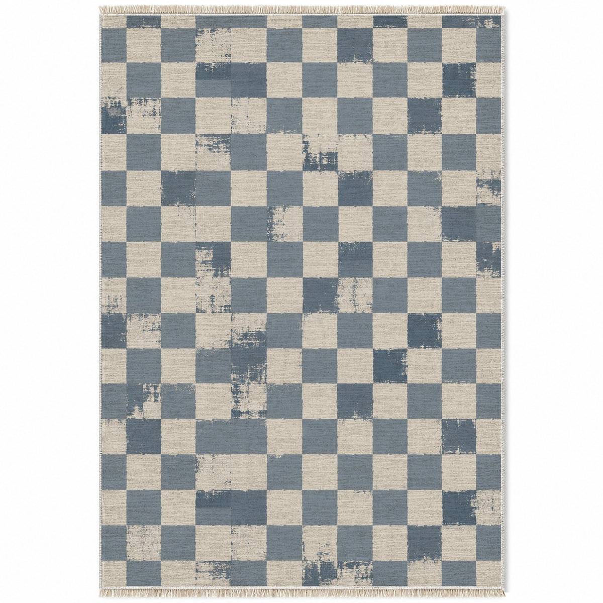Broken Checker Ivory & Dusty Blue washable rug top view