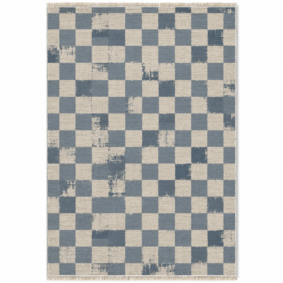 Broken Checker Ivory & Dusty Blue Check Washable Rug