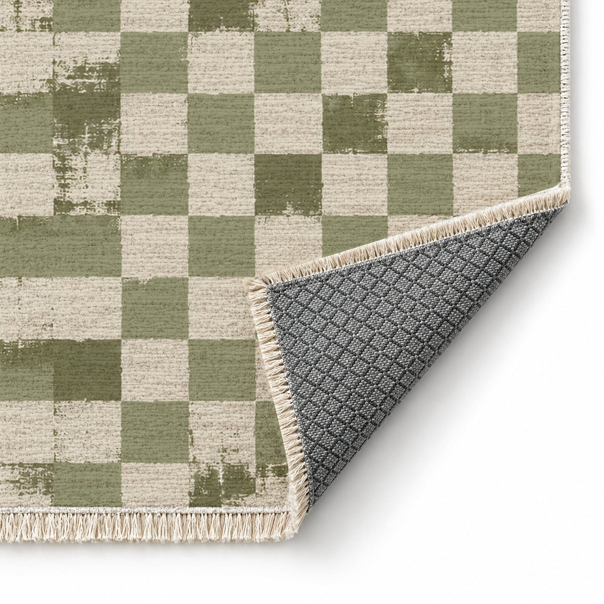 Broken Checker Ivory & Sage washable rug folded corner showing the backing