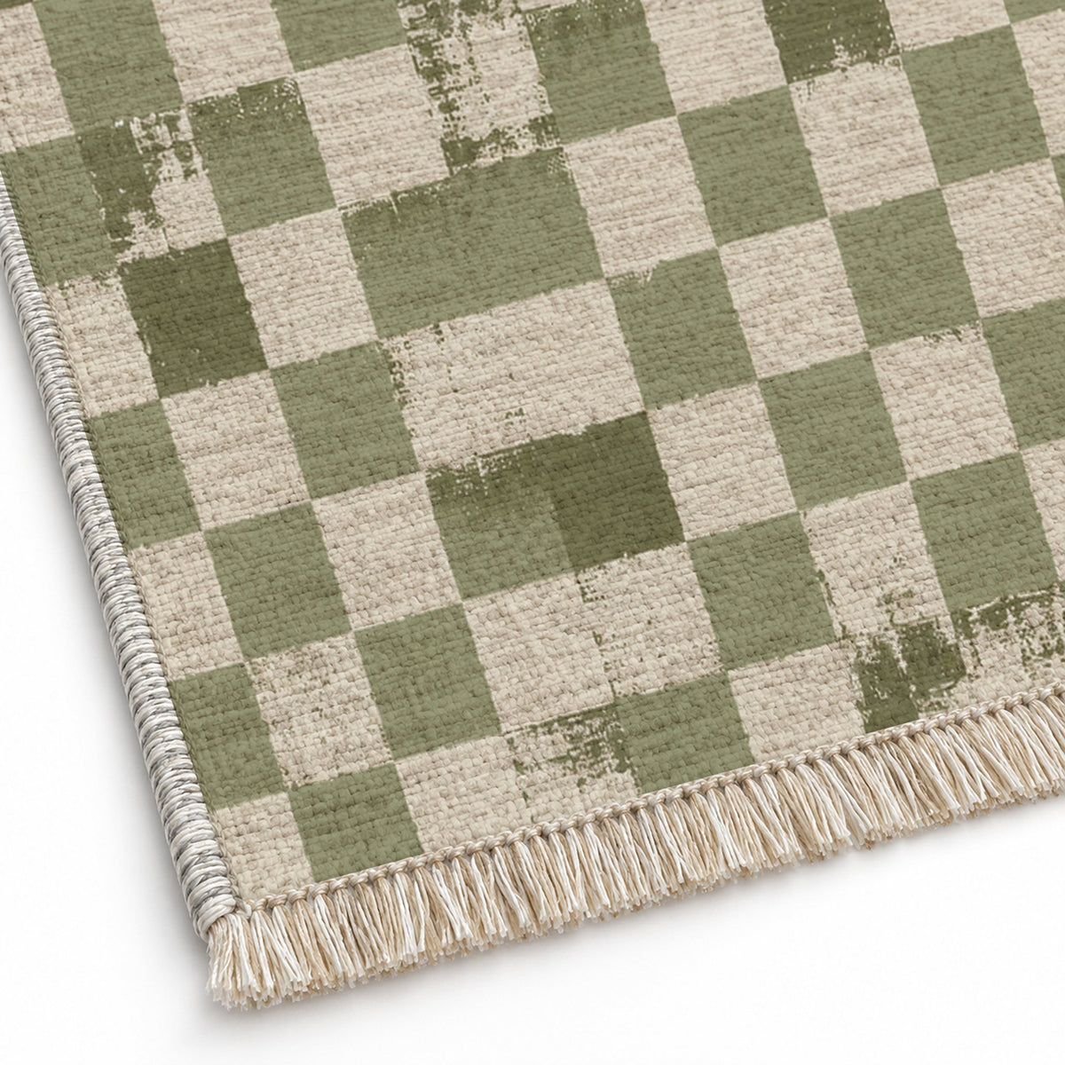 Broken Checker Ivory & Sage washable rug close-up of the printed chenille
