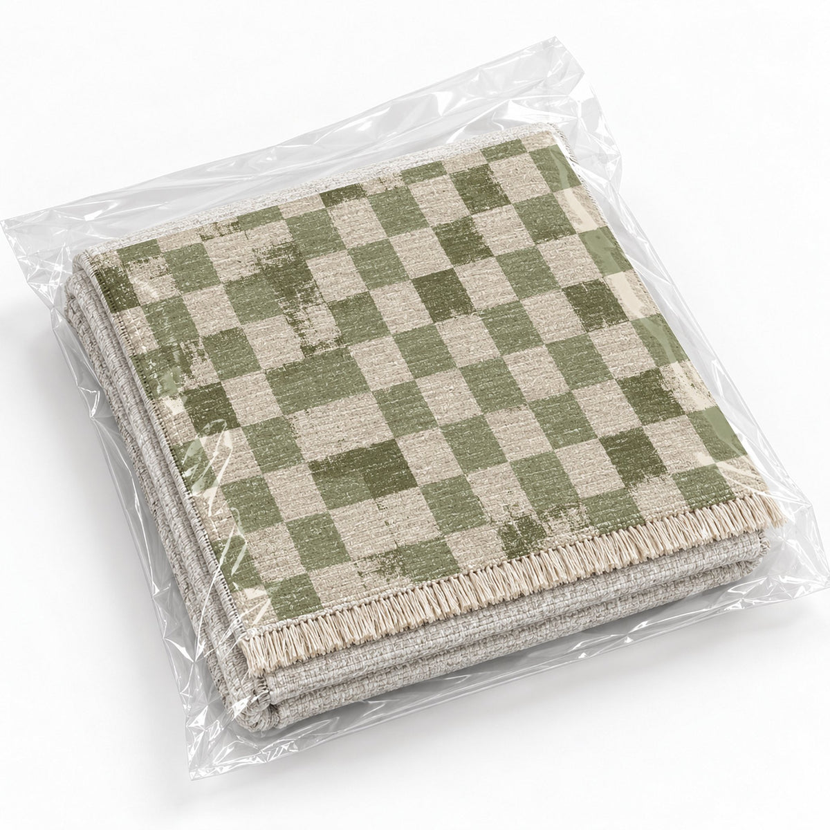 Broken Checker Ivory & Sage washable rug rolled and packaged