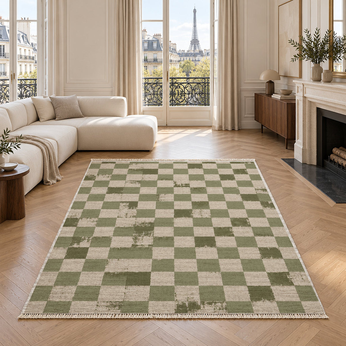 Broken Checker Ivory & Sage washable rug in a living room with an Eiffel Tower view