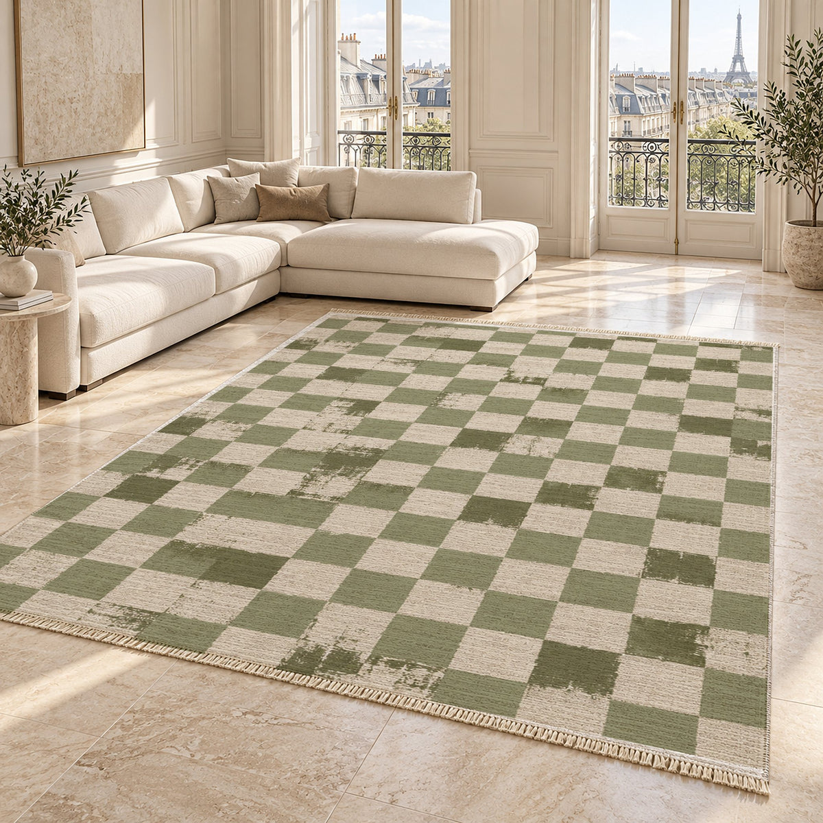 Broken Checker Ivory & Sage washable rug angled room view on marble