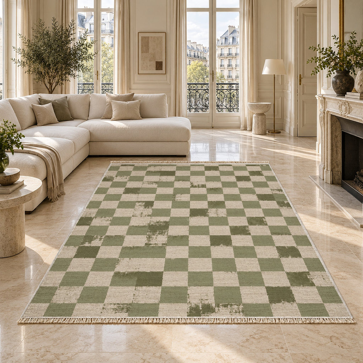 Broken Checker Ivory & Sage washable rug on a marble floor