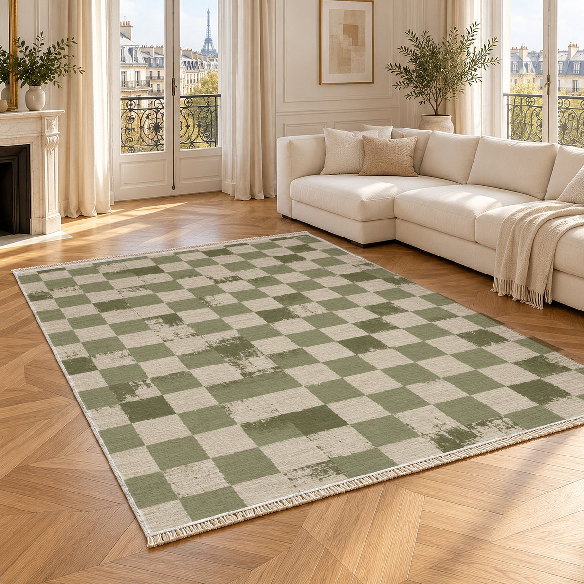 Broken Checker Ivory & Sage washable rug angled room view
