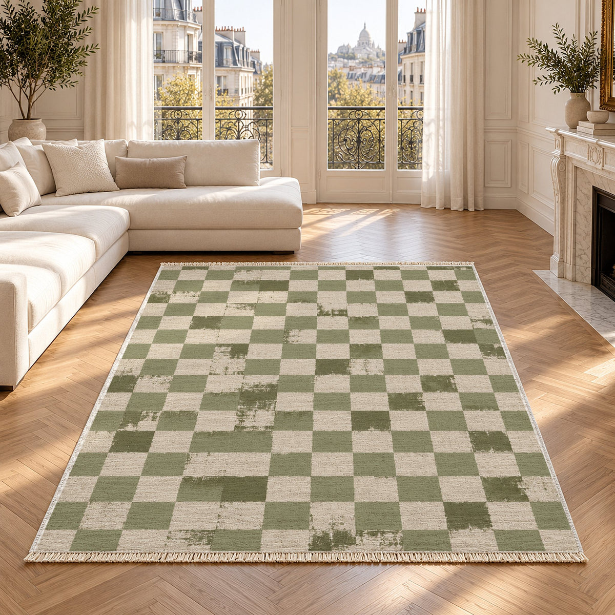 Broken Checker Ivory & Sage washable rug in a Paris living room