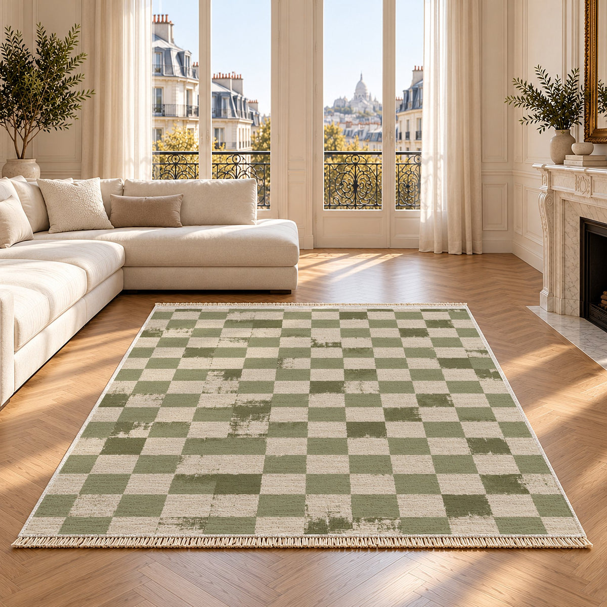 Broken Checker Ivory & Sage washable rug on an oak floor