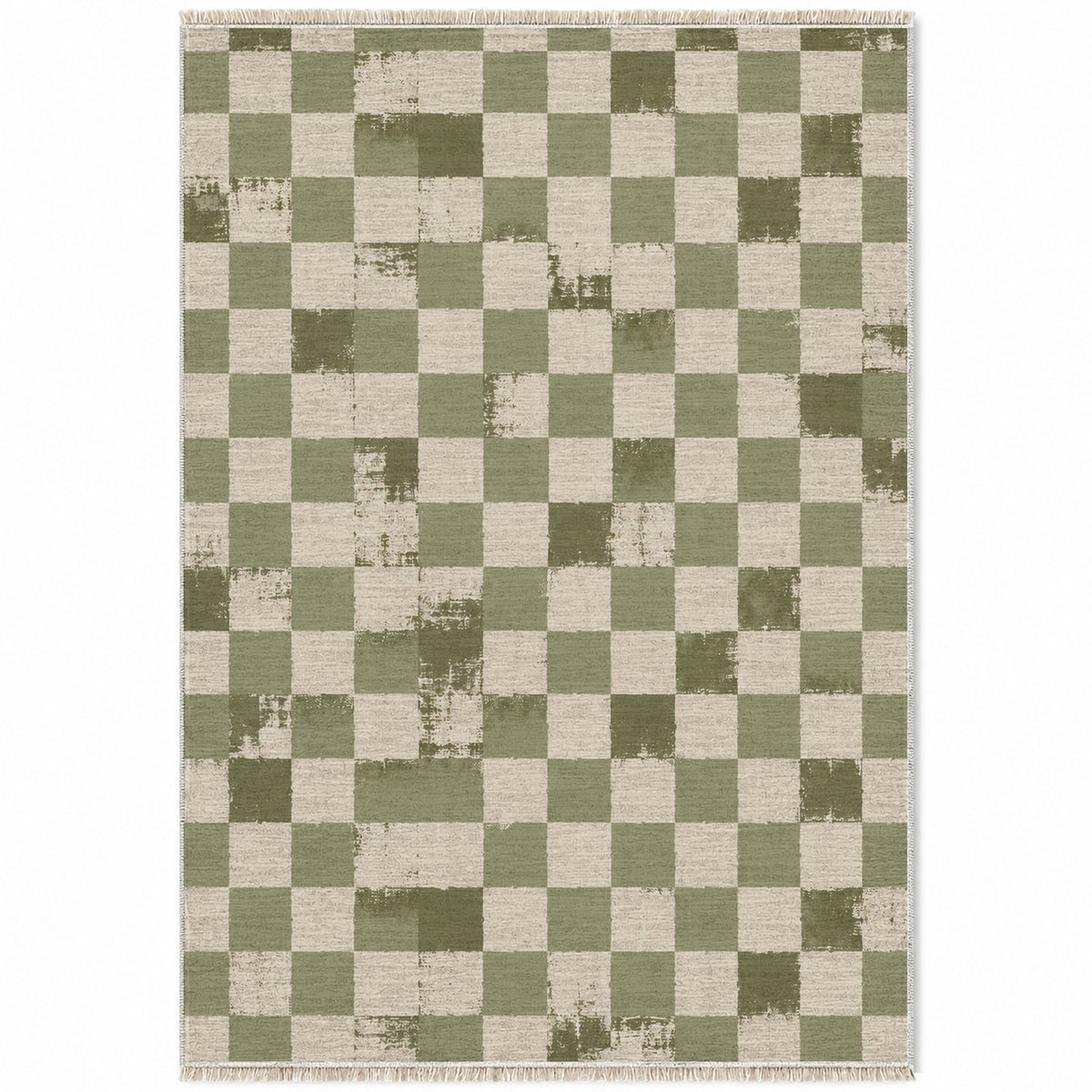 Broken Checker Ivory & Sage washable rug top view