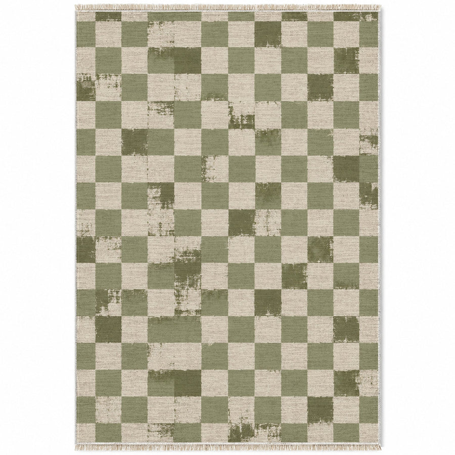 Broken Checker Ivory & Sage Check Washable Rug