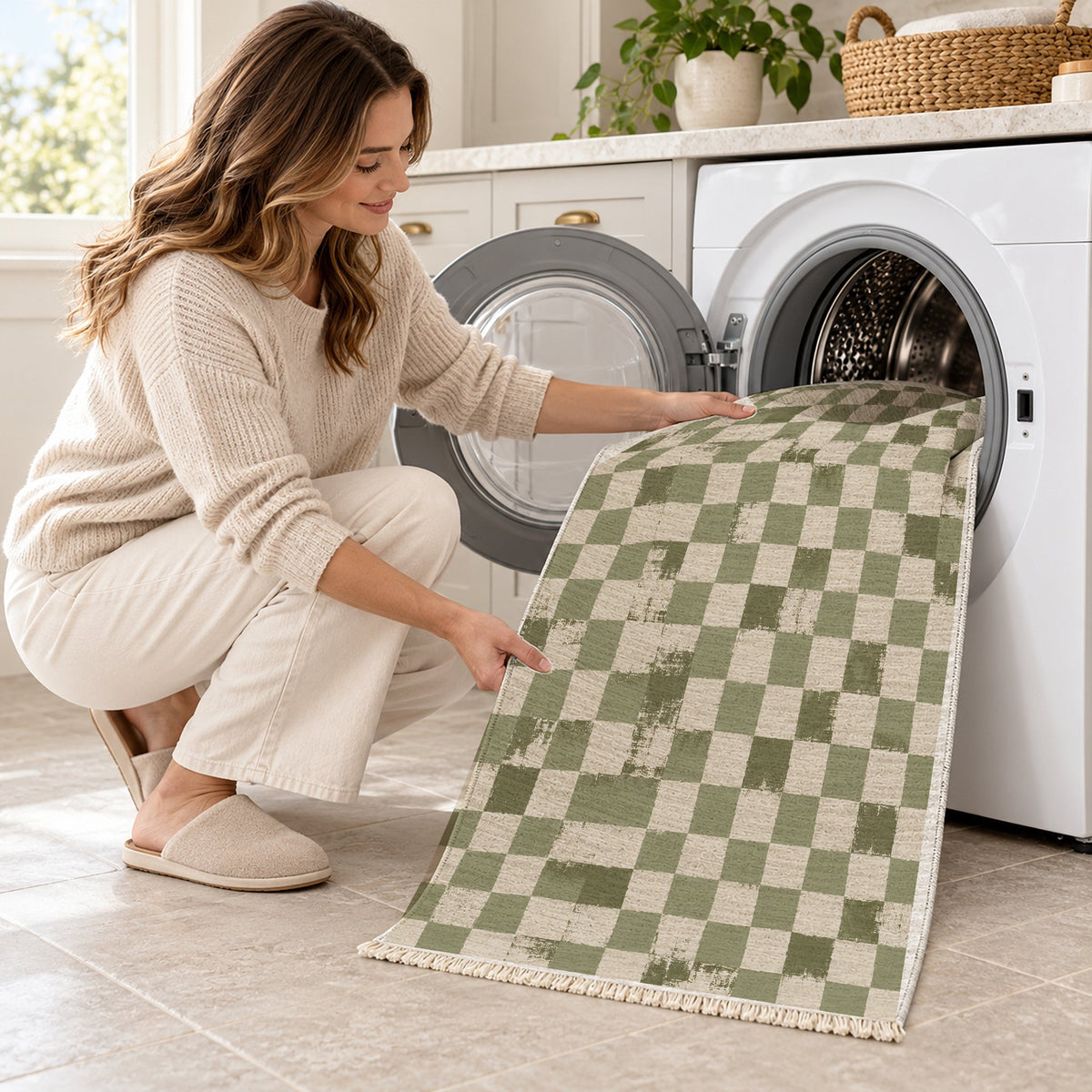 Broken Checker Ivory & Sage washable rug being loaded into a washing machine
