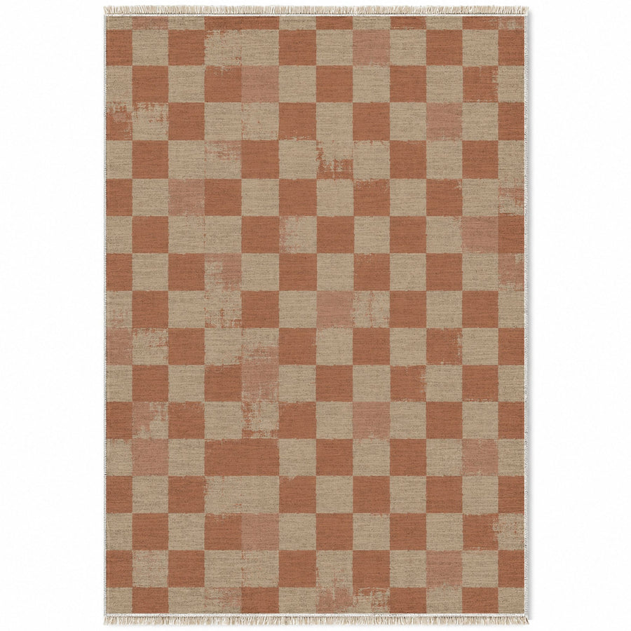 Broken Checker Sand & Terracotta Check Washable Rug