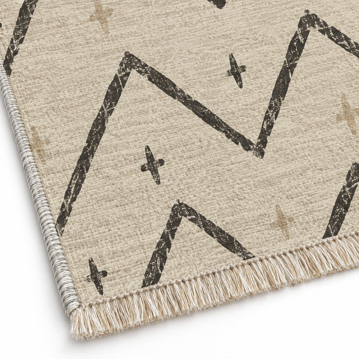 Broken Chevron Ivory & Charcoal washable rug close-up of the printed chenille