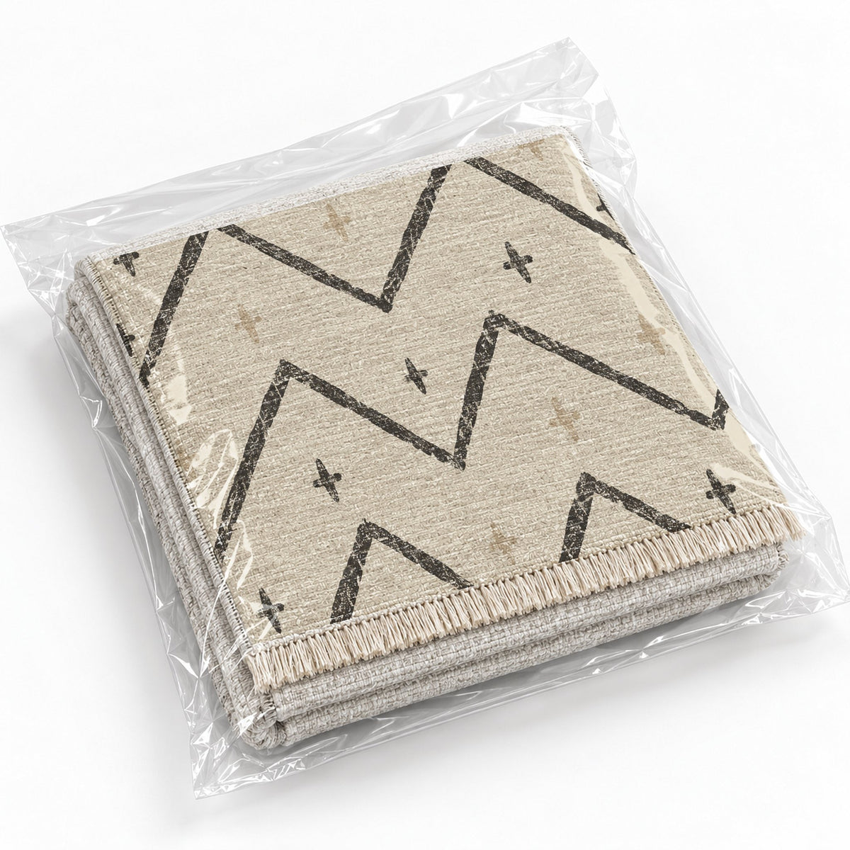 Broken Chevron Ivory & Charcoal washable rug rolled and packaged