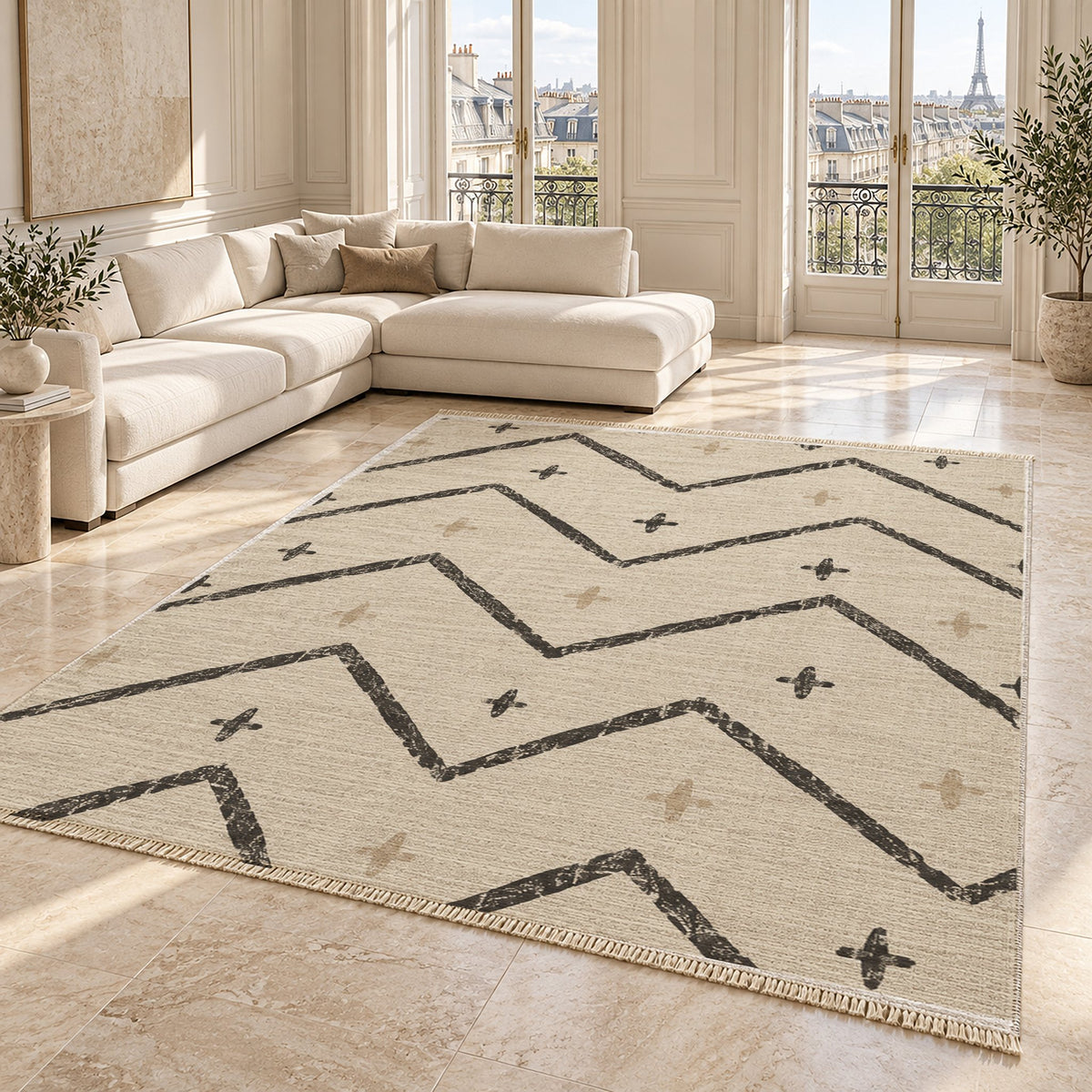 Broken Chevron Ivory & Charcoal washable rug angled room view on marble