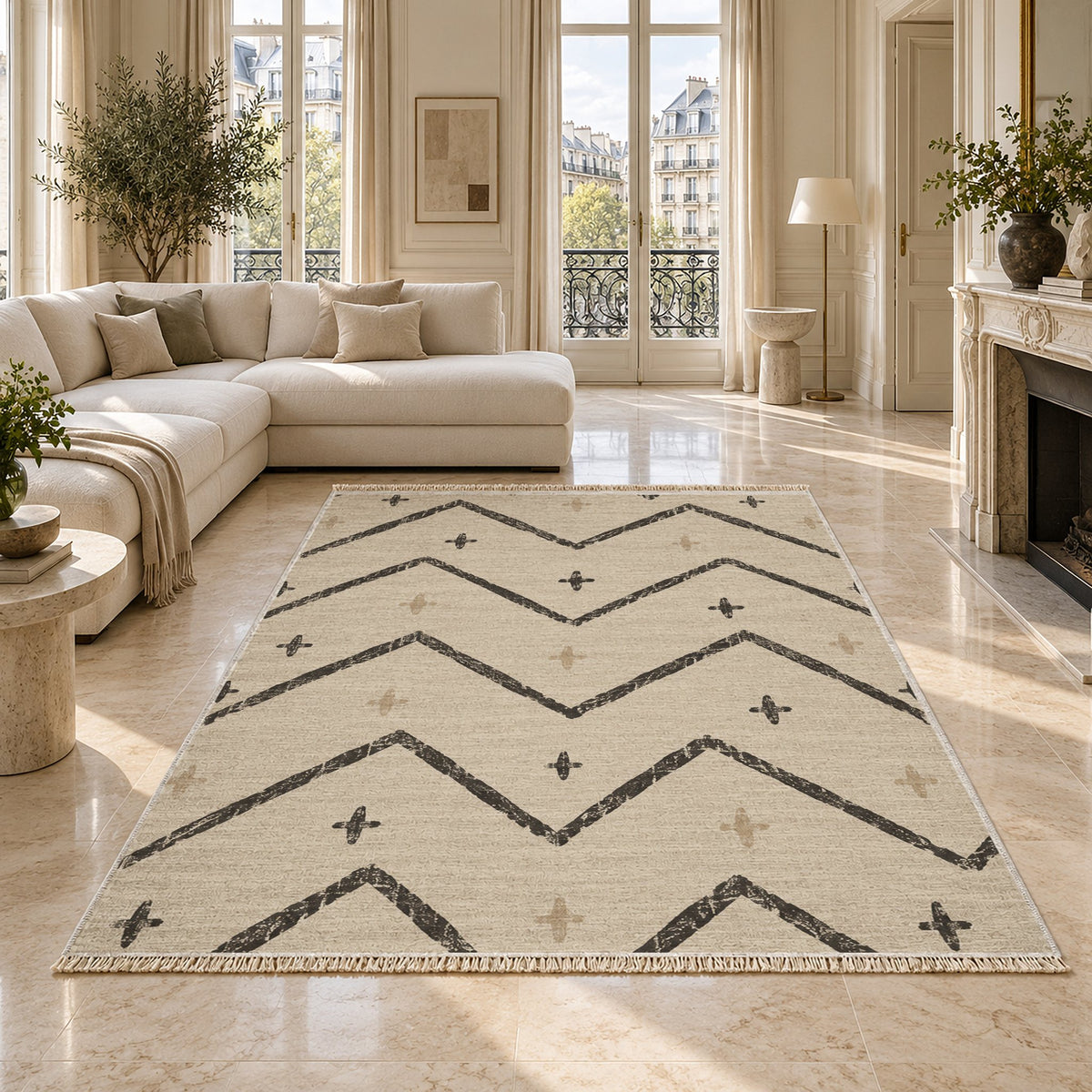 Broken Chevron Ivory & Charcoal washable rug on a marble floor