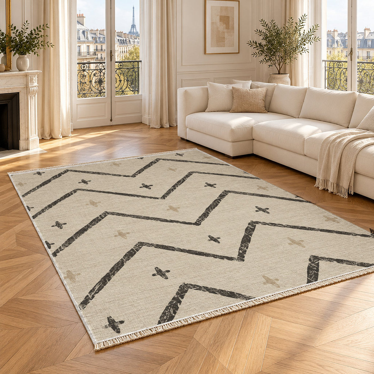 Broken Chevron Ivory & Charcoal washable rug angled room view