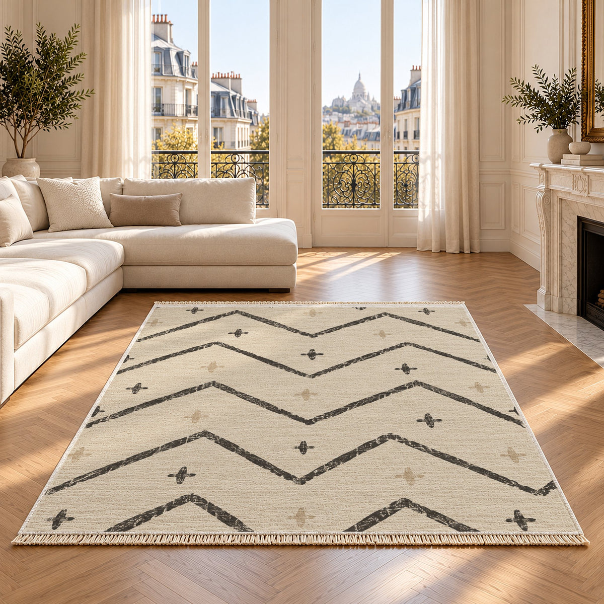 Broken Chevron Ivory & Charcoal washable rug on an oak floor