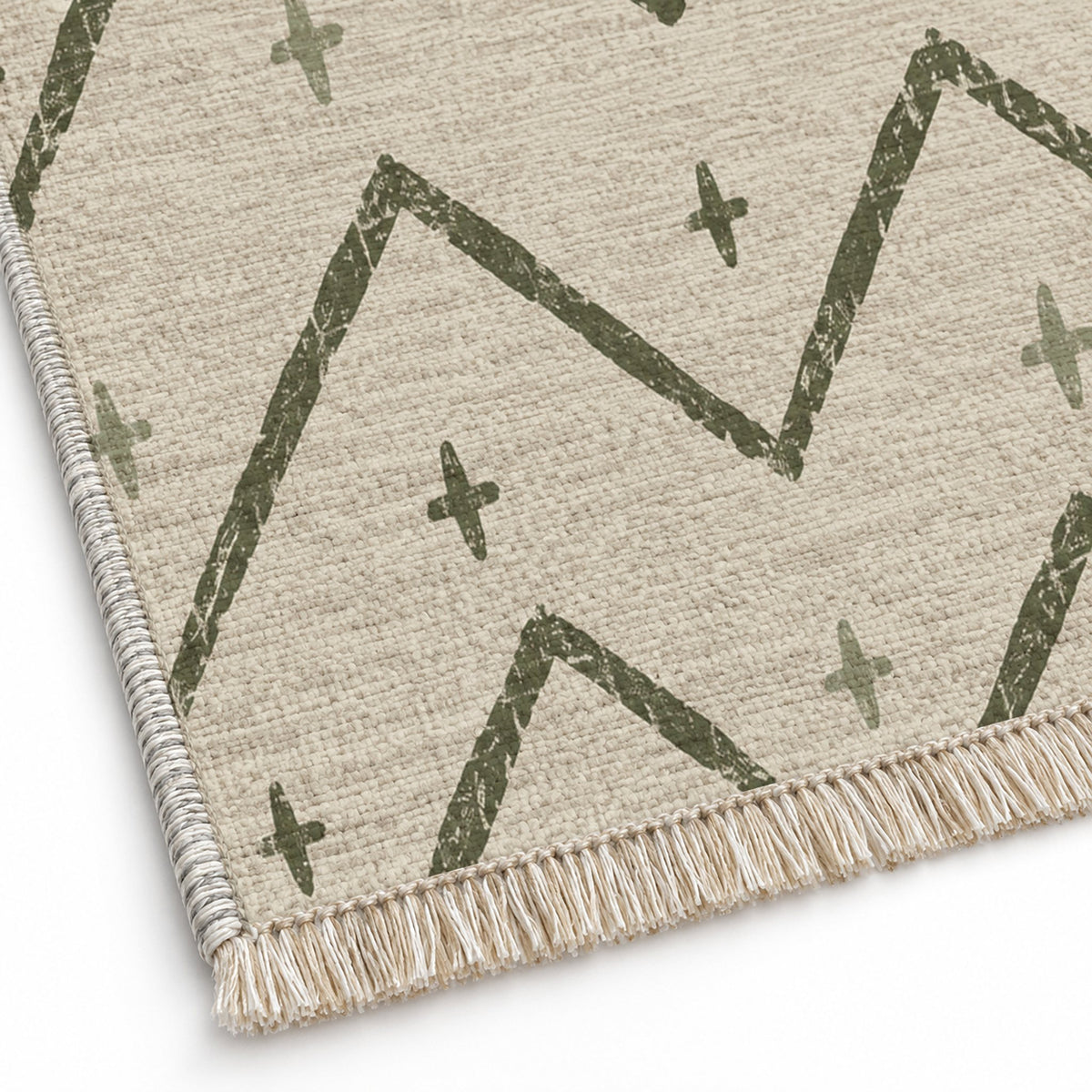 Broken Chevron Ivory & Olive washable rug close-up of the printed chenille