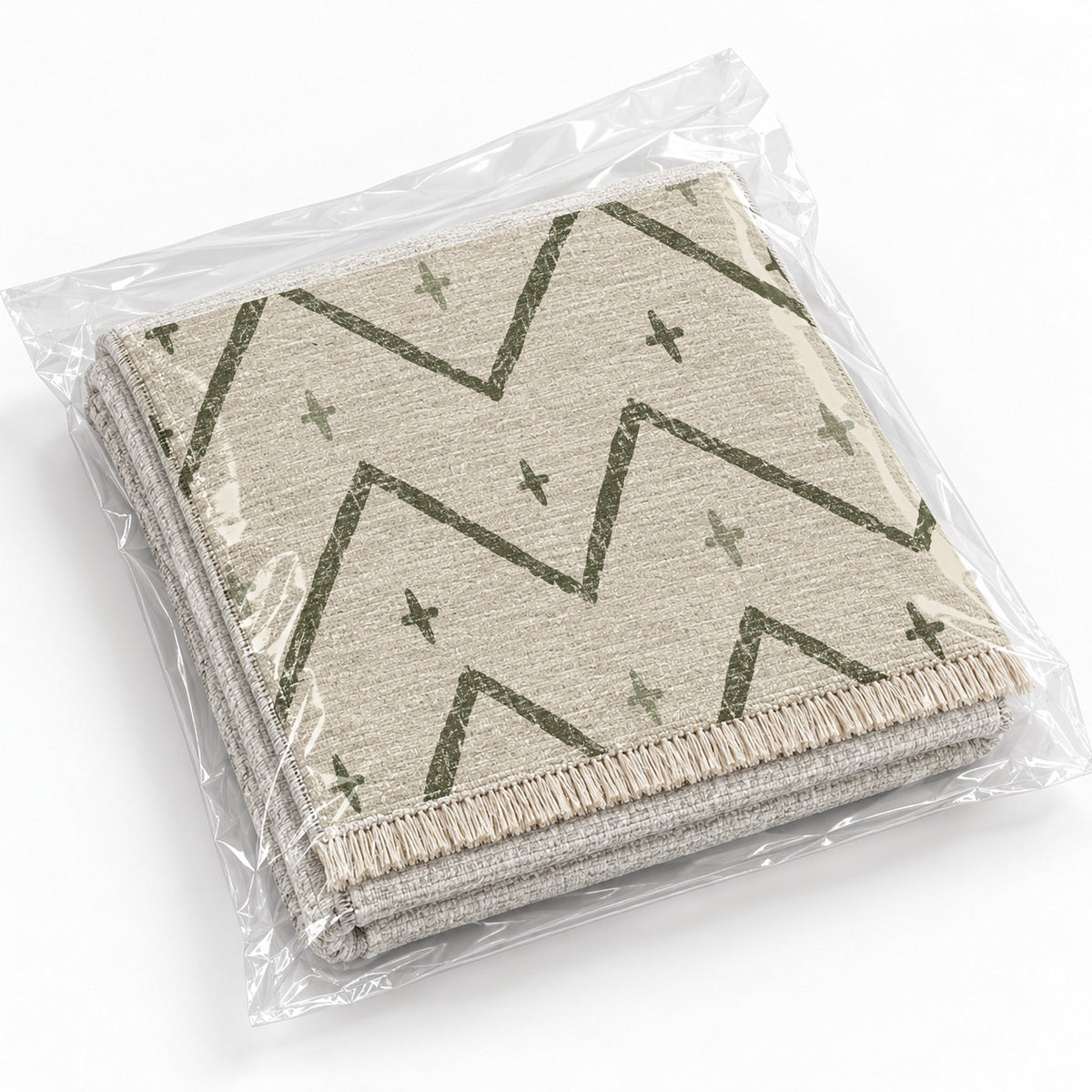 Broken Chevron Ivory & Olive washable rug rolled and packaged