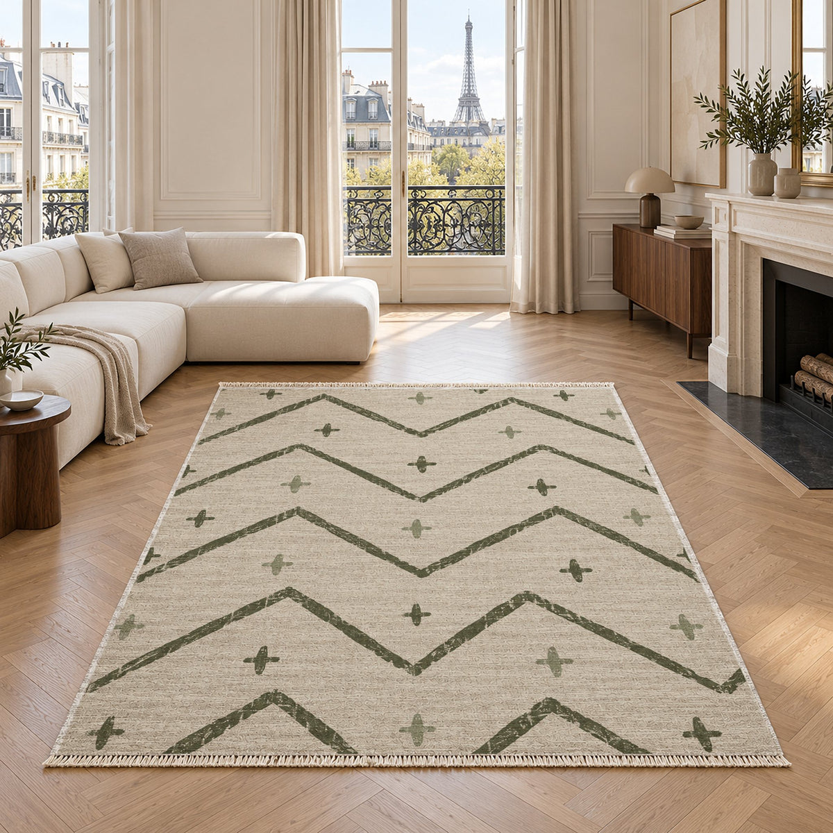 Broken Chevron Ivory & Olive washable rug in a living room with an Eiffel Tower view