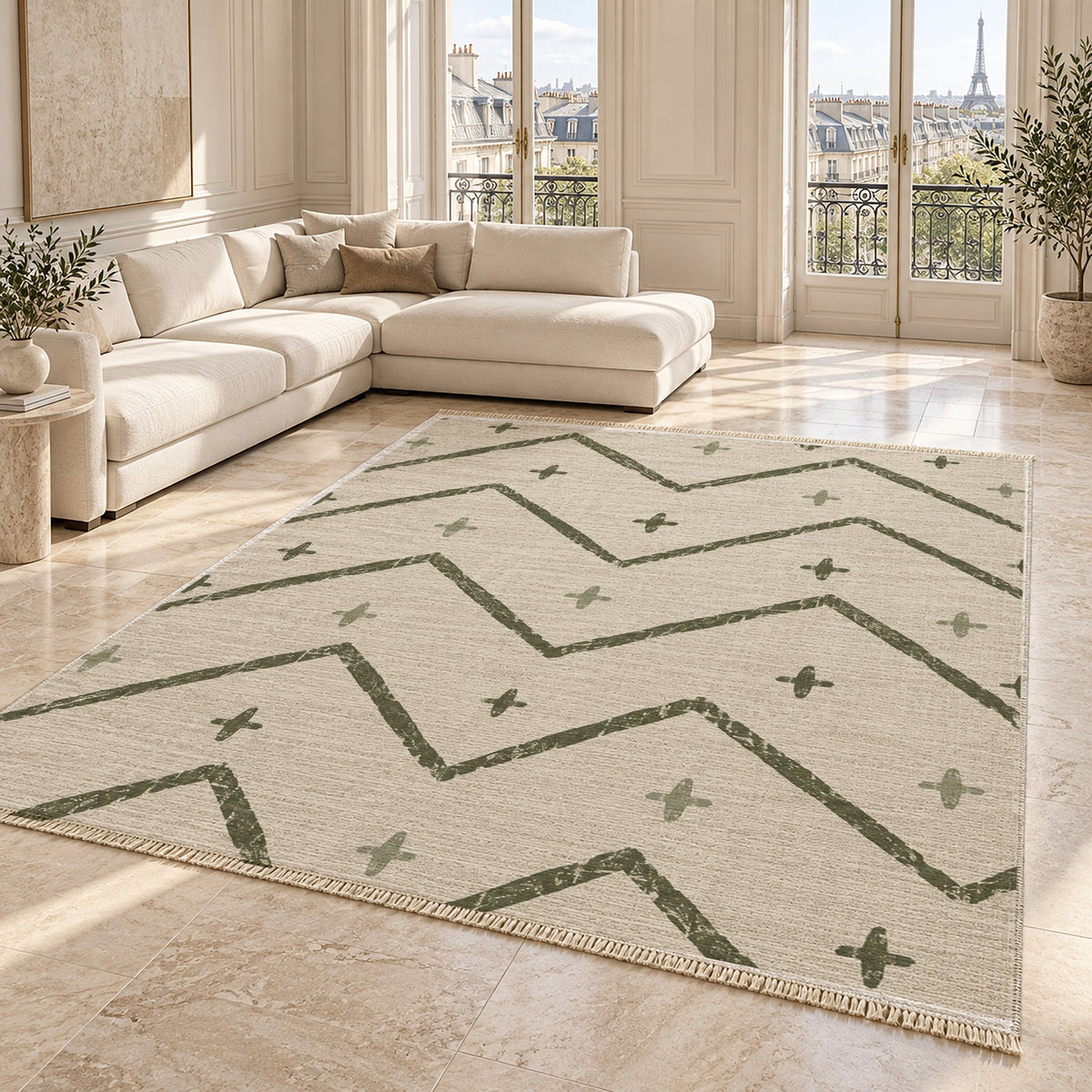 Broken Chevron Ivory & Olive washable rug angled room view on marble