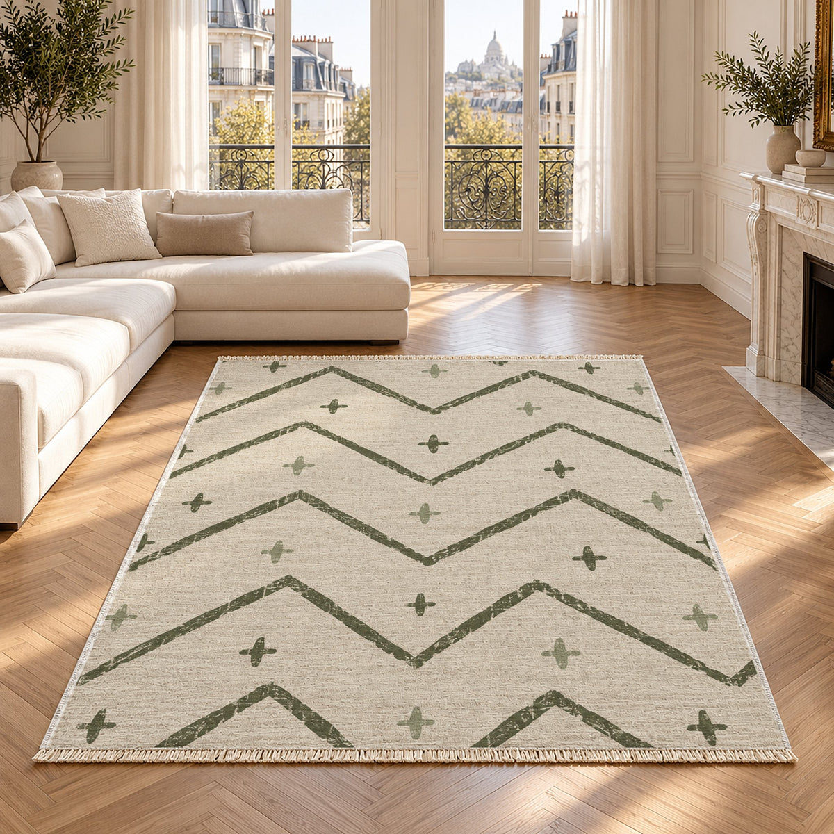 Broken Chevron Ivory & Olive washable rug in a Paris living room