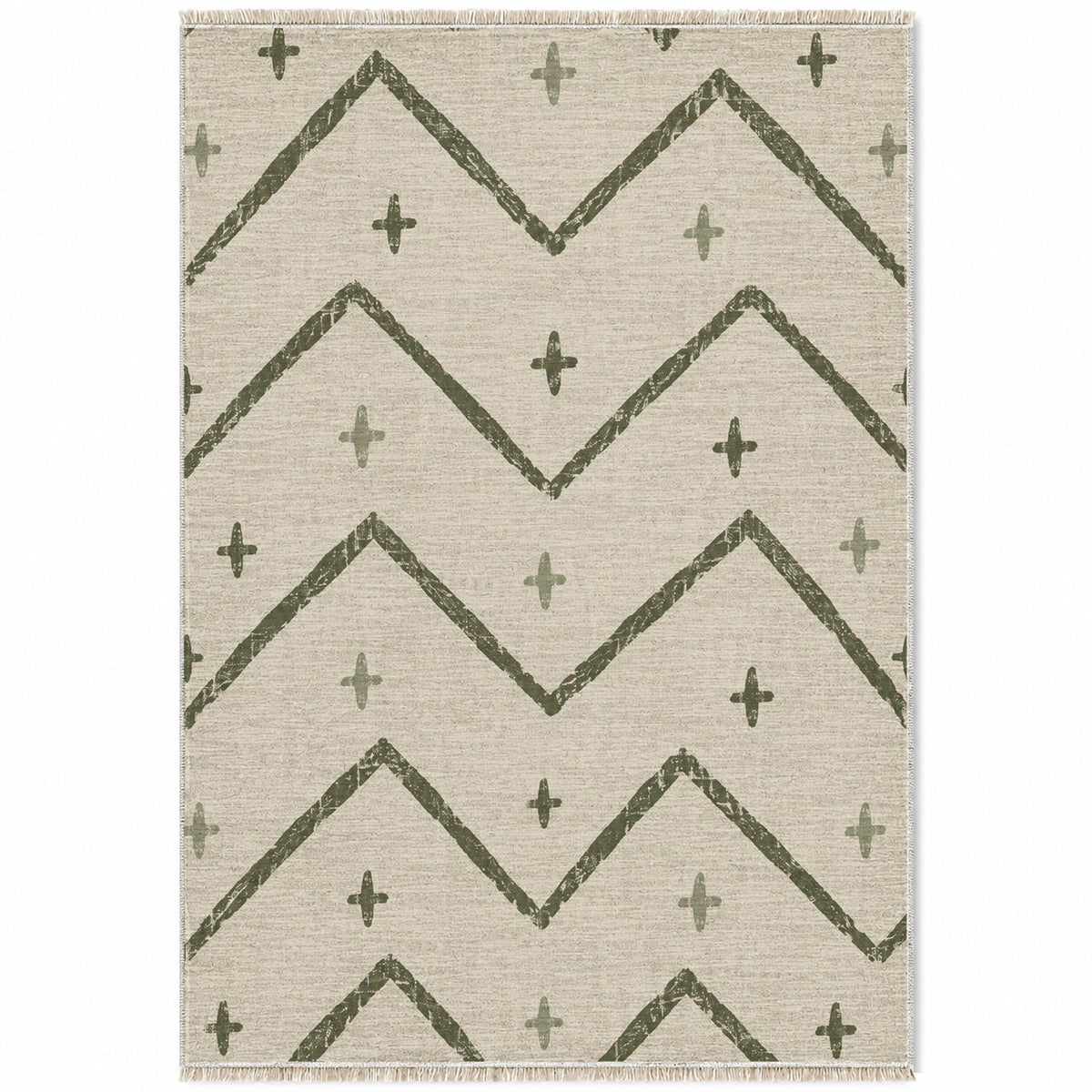 Broken Chevron Ivory & Olive washable rug top view
