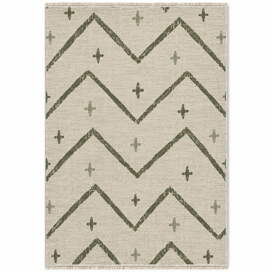 Broken Chevron Ivory & Olive Berber Washable Rug