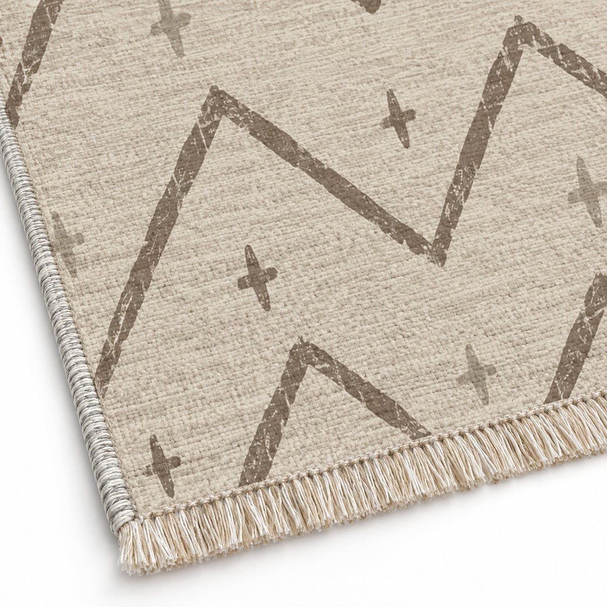 Broken Chevron Ivory & Taupe washable rug close-up of the printed chenille