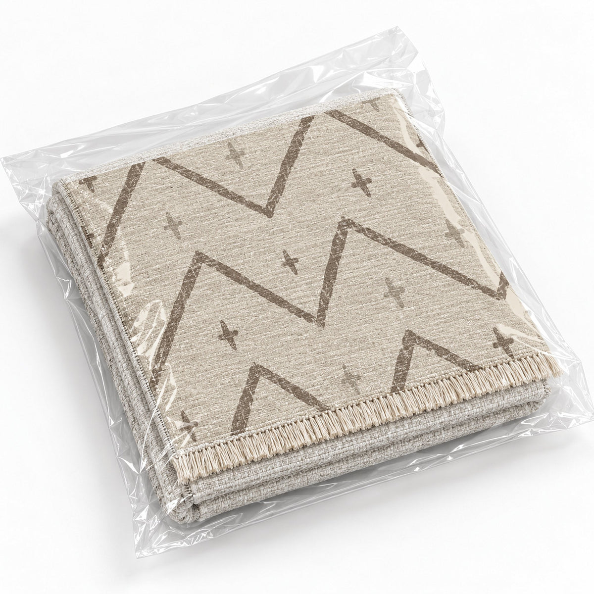 Broken Chevron Ivory & Taupe washable rug rolled and packaged