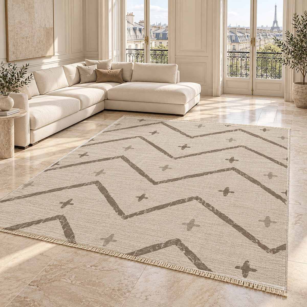 Broken Chevron Ivory & Taupe washable rug angled room view on marble