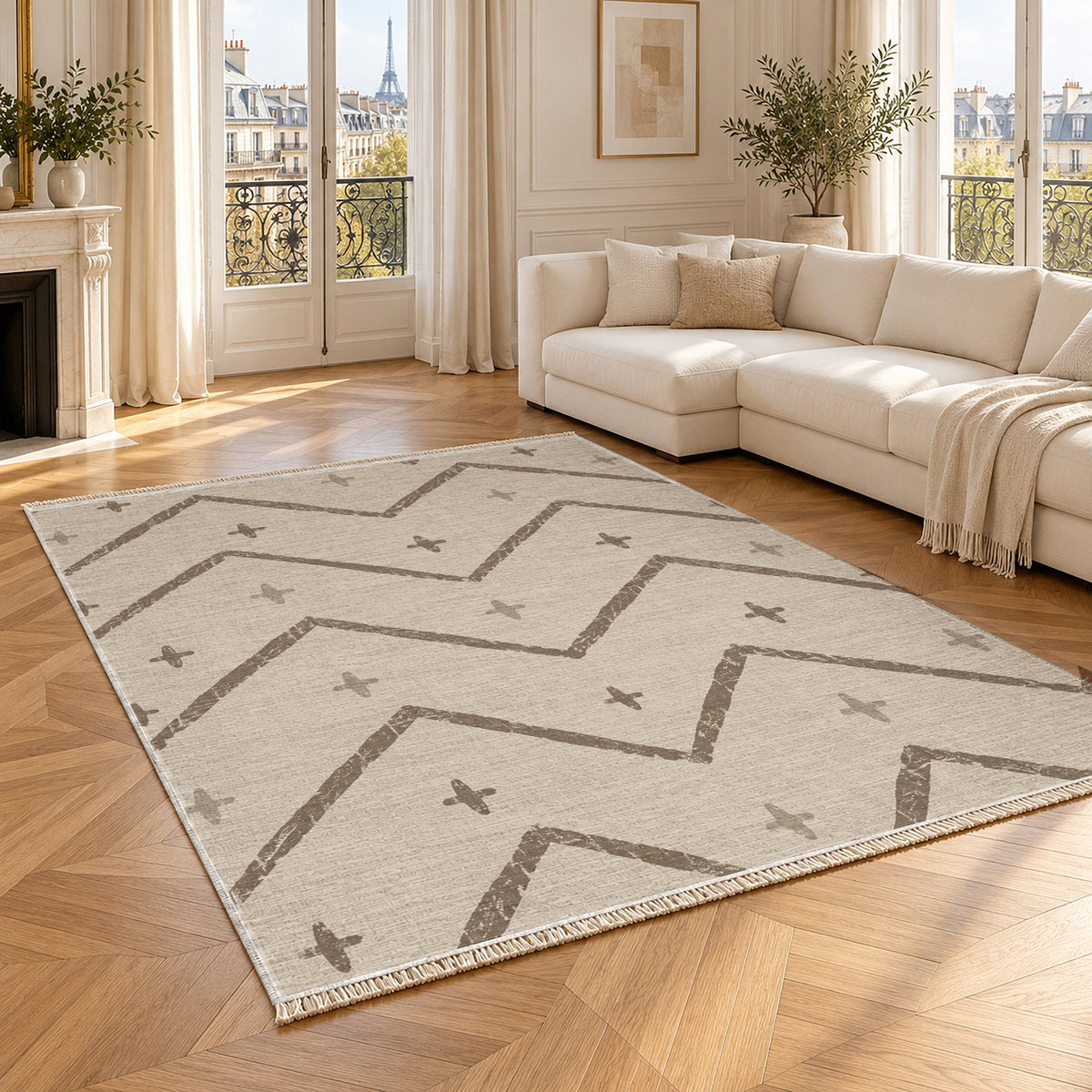 Broken Chevron Ivory & Taupe washable rug angled room view